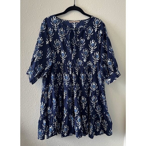 Dress Addict Dresses & Skirts - Dress Addict Women's Mini Dress Size Med Blue Batik Tiered Boho Puff Sleeve Chic